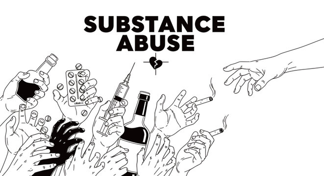 Substance abuse illustration showing multiple hands reaching for drugs, alcohol, and cigarettes, representing addiction and social issues.