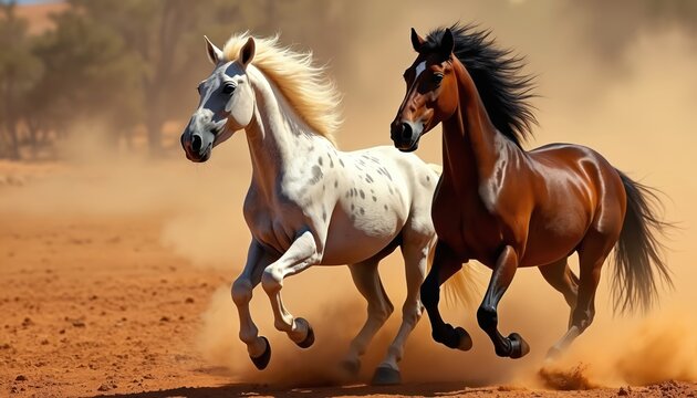 Two horses one white one brown run fast in desert. They kick up dust clouds as they gallop through dry arid land. Wild animals show power and freedom.