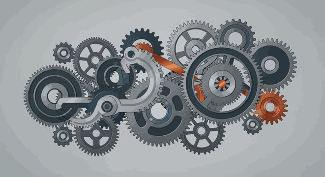 Intricate Interlocking Gears Mechanism, Industrial Machine Parts, Teamwork Concept