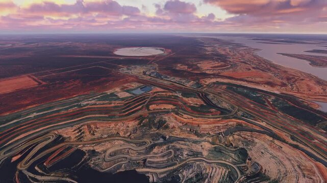 Side aerial view of Sunrise Dam Gold Mine in Laverton. Australia