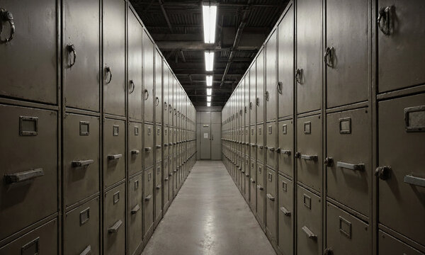 Filing cabinets archives storage view down a long narrow aisle of old metal drawers in a dimly lit warehouse basement