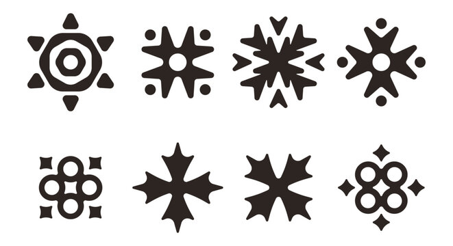 Collection of eight unique black abstract geometric star and cross shapes representing traditional ornamental patterns suitable for various decorative applications or tribal art designs