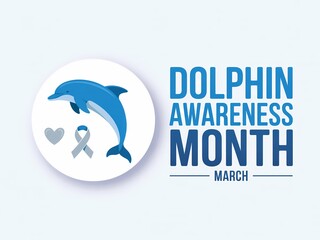 Dolphin awareness month logo with blue dolphin and ribbon on light blue background