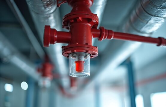 Red industrial fire sprinkler system attached to metal pipes. Automatic water spraying equipment for building safety. Fire prevention and suppression technology.