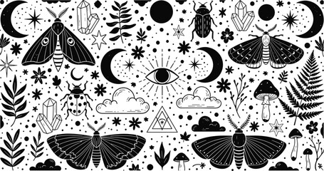 Mystical Celestial Occult Vector Illustration Set Featuring Moths Moon Phases Crystals Eyes And Magical Botanical Elements © VectoInfinity 