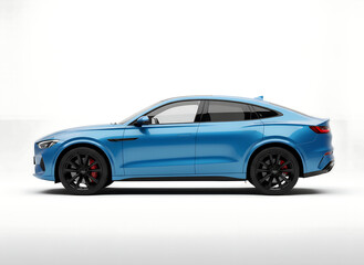 Fototapeta premium Sleek blue luxury sports sedan parked on white background