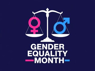 Gender equality month icon with scales and symbols on dark blue background