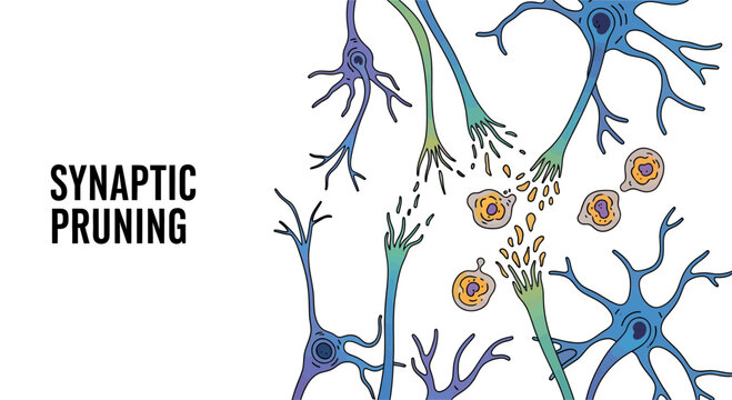 Synaptic pruning process illustration showing the elimination of extra neurons and synaptic connections in the brain for neural efficiency.
