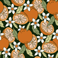 Cotton fabric Illustration sans Hand drawn seamless pattern with vintage oranges and white blossoms on dark green background for mediterranean botanical textile and kitchen wallpaper surfacetitre