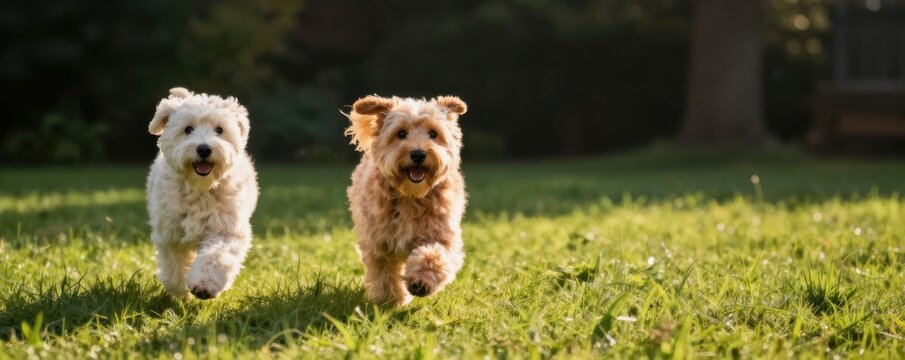Two playful dogs running happily on green grass in the park on a sunny day