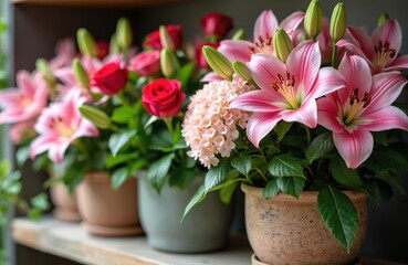 Pink lilies roses and hydrangea in pots sit on shelf. Fresh blooms provide natural decor for home garden balcony. Vibrant spring flowers create joyful atmosphere and color.