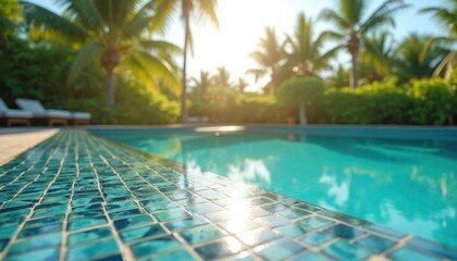 Fototapeta premium Sunny tropical poolside with clear turquoise water and palm trees. Blue mosaic tiles border the pool edge. Loungers sit near water. Lush green plants surround pool area.