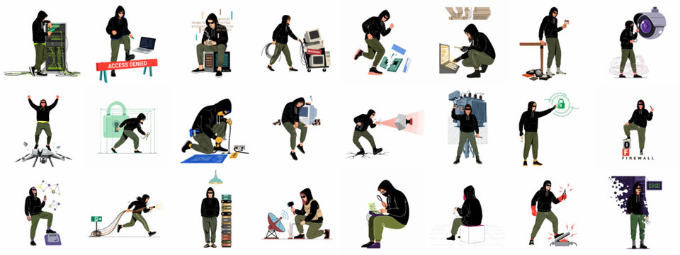 Cybersecurity Threats and Criminal Activities Set: Illustrations of Hackers Breaking Physical and Digital Security Systems, Data Theft, and Sabotage.