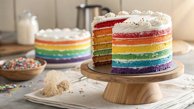 Rainbow layer cake with colorful frosting on wooden stand, celebration dessert with sprinkles and confetti background