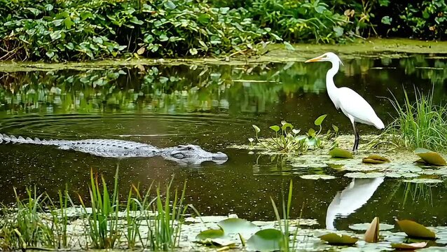 An alligator and a white heron coexist peacefully in a lush wetland environment with lily pads and aquatic plants reflecting in the water