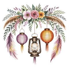 Obraz premium A bouquet of vibrant flowers and leaves creates a lush canopy above three lanterns