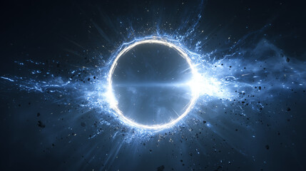 Obraz premium 宇宙空間に輝く光のリングと星屑が広がる幻想的SF背景素材