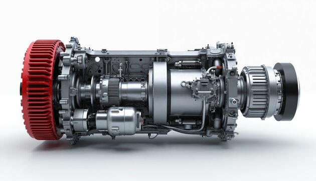 Electric vehicle drive unit cross section with silver grey components. Cutaway view shows complex inner workings of modern auto powertrain. Detailed mechanical illustration.