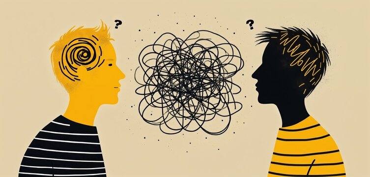 Two profiles face with chaotic tangled lines between. One profile shows spiral in head, shows lines. Question marks hover above both heads confusion, miscommunication.