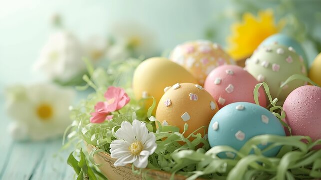 Soft focus Easter 2026 composition with pastel colored eggs decorated with confetti nestled in green grass and spring flowers. Ethereal bokeh background creates gentle atmosphere. Ideal for cards.