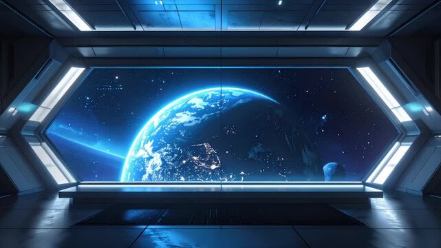 Interior view of a spaceship window showcasing a blue planet and stars