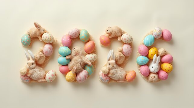 Creative Easter 2026 year numbers composed of pastel colored eggs and cute bunny decorations on neutral background. Perfect for seasonal greeting cards, social media posts and holiday announcements.
