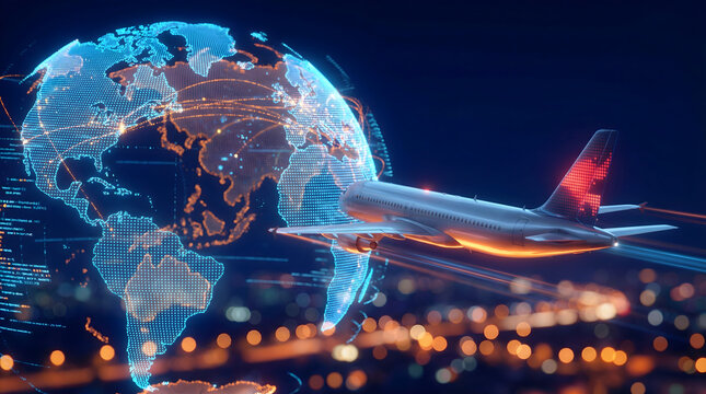 Modern airplane flying over digital global map at night