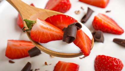 Yogurt with sliced strawberries and chocolate curls on wooden spoon macro close up