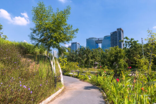 Queen Sirikit with ttb and BTS modern buildings, Bangkok