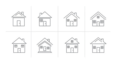 Obraz premium Set of Simple House Icons, Minimalist Home Symbols, Outline Buildings Collection