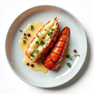 Cooked lobster tails served on a white plate with rich butter sauce and parsley garnish. Gourmet seafood meal presented elegantly for fine dining. Ocean delicacy.