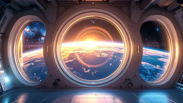 Interior view of a spacecraft, showcasing Earth, space and a galaxy through circular windows