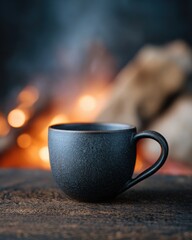 Fototapeta premium Cozy black mug with hot beverage by a warm fireplace ambiance