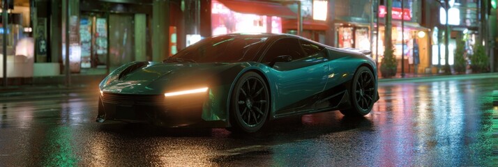 Sleek sports car on wet urban street at night with neon lights