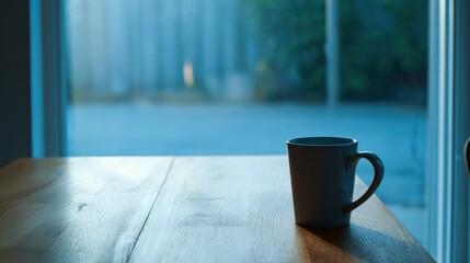 Fototapeta premium Ceramic mug on wooden table in morning light by window