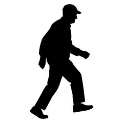 Active senior man walking outdoors, independent retirement lifestyle silhouette isolated on white