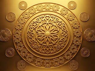 Intricate gold circular design with symmetrical patterns and smaller circles around