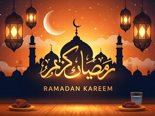 A vibrant digital illustration celebrating the holy month of ramadan with a mosque and lanterns