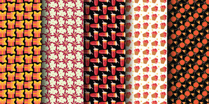 Colorful festive patterns featuring gifts, drinks, and floral designs in vibrant hues.