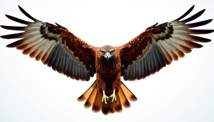 Obraz premium Brown eagle bird with spread wings flying forward. Predatory bird with sharp beak and claws in clear white sky. Majestic raptor hunting, freedom symbol.