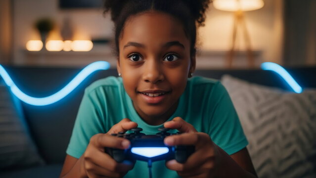 Little african american girl playing video game on couch. Child gamer enjoying modern computer entertainment in living room. Joyful evening activity.