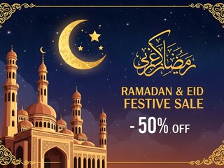 Ramadan and eid festive sale with 50% off at a mosque under a crescent moon