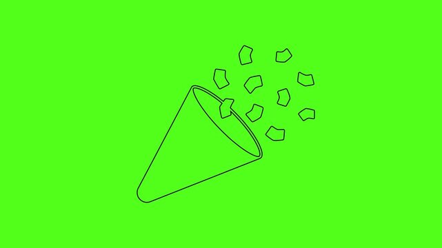 Confetti party popper line art icon animation on green screen background