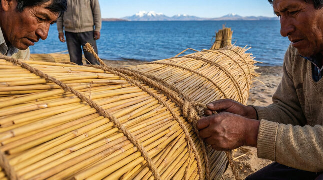 Indigenous craftsmen tying ropes on traditional totora reed boat Lake Titicaca