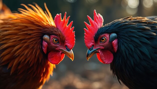 Two roosters, one brown and one black, stare intensely at each other. Their comb and wattles are bright red. Sunlight highlights their feathers. This moment captures animal confrontation.
