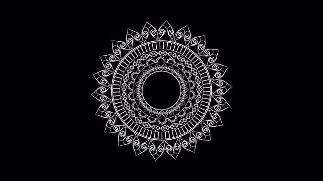 An elegant white mandala illustration set against a black background, emanating complex floral patterns and symmetrical design features.