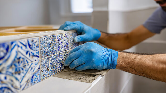Medium shot of faceless hands in gloves installing decorative mosaic tile sheet on kitchen backsplash, interior design renovation, intricate pattern focus, with copy space