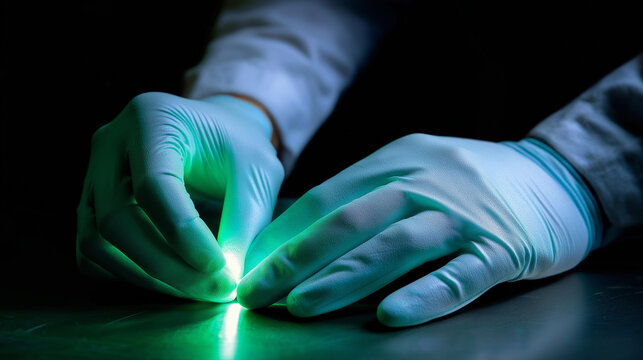 Close-up of faceless hands in pristine gloves illuminating critical weld with UV light for penetrant testing, fluorescent inspection vibrant green glow, with copy space