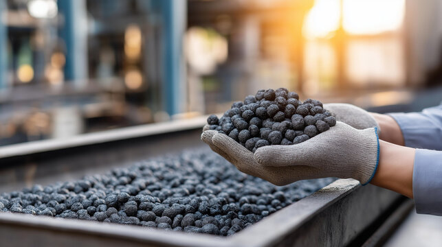 Close-up of faceless hands in clean gloves examining tray of raw iron ore pellets, sustainable raw materials bright morning sun, factory windows clean organized, with copy space