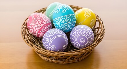 Fototapeta premium Colorful hand-painted Easter eggs in woven basket on wooden table